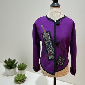 Beppa Size M Vintage Purple & Black Wool Art Applique Short Long Sleeve Jacket